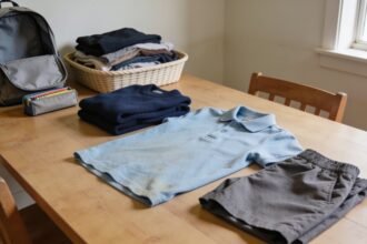 Secondhand school uniforms, a backpack and stationery sorted on a dining table beside a basket of larger clothes.