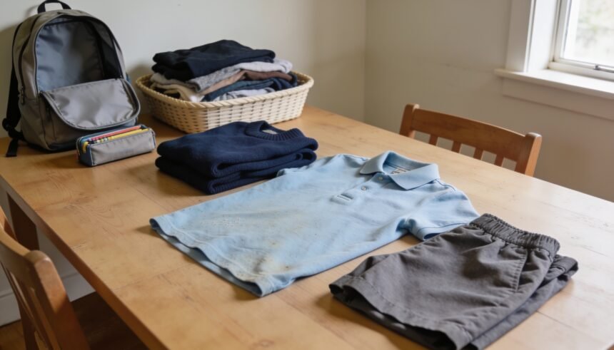 Secondhand school uniforms, a backpack and stationery sorted on a dining table beside a basket of larger clothes.