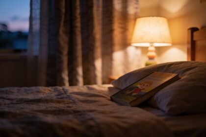 A child's bedroom in soft evening lamp light with a book on the pillow and curtains partly drawn.