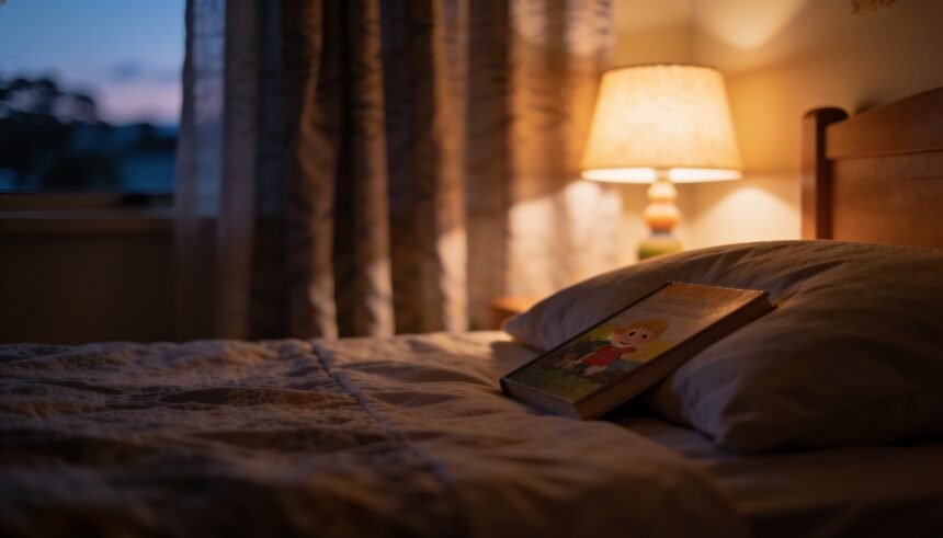 A child's bedroom in soft evening lamp light with a book on the pillow and curtains partly drawn.