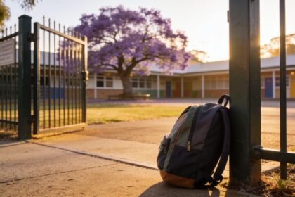 A school entrance gate in early morning light with a small backpack resting against the fence.