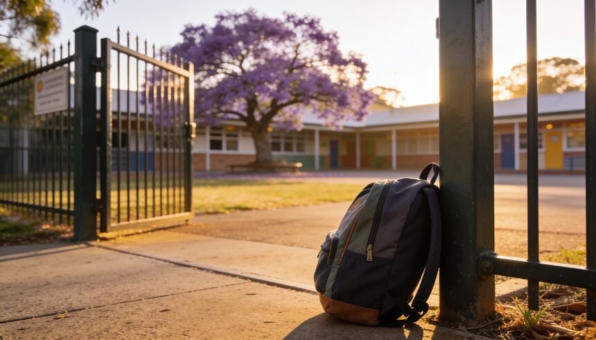 A school entrance gate in early morning light with a small backpack resting against the fence.