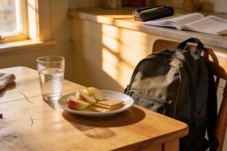 A school bag, afternoon snack and water glass set out on a kitchen table before homework begins.