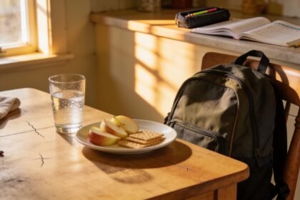 A school bag, afternoon snack and water glass set out on a kitchen table before homework begins.