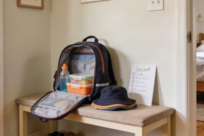 A school bag partly packed on a bench with a lunch box, drink bottle and hat beside it.