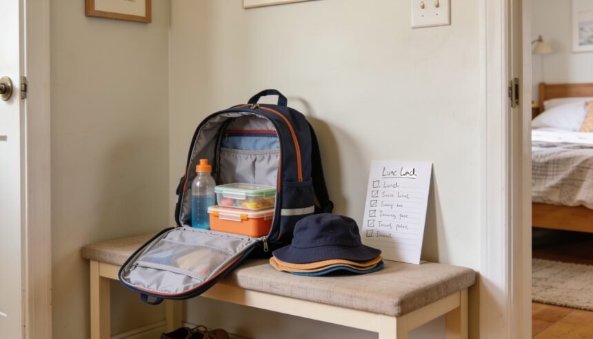 A school bag partly packed on a bench with a lunch box, drink bottle and hat beside it.
