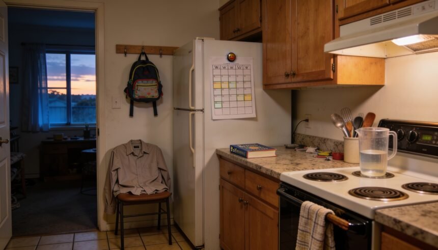 A weekly roster on the fridge beside a child's backpack and a parent's folded work clothes in a family kitchen.