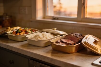 Three separate containers of meat, rice and vegetables on a kitchen bench, kept apart so each can be served at a different sitting.
