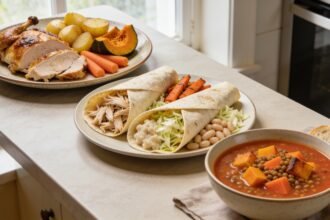 Roast chicken dinner, chicken and bean wraps, and roast-vegetable lentil soup shown as three separate meals.