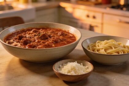 A shared bolognese sauce served separately from a bowl of plain pasta and a small bowl of grated cheese on a dinner table.
