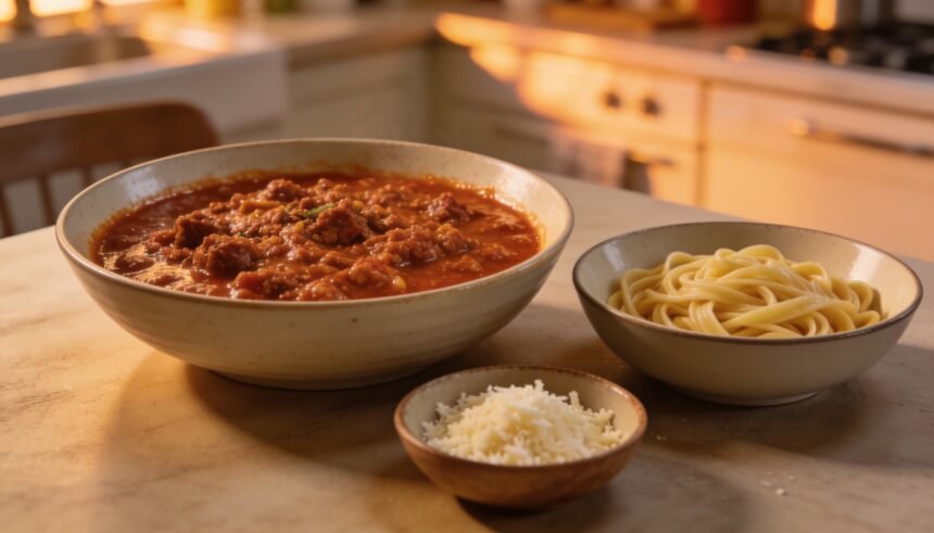 A shared bolognese sauce served separately from a bowl of plain pasta and a small bowl of grated cheese on a dinner table.