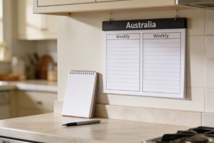 A kitchen wall planner showing two blank weekly grids side by side, with a notepad and pen on the bench below.