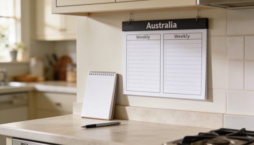 A kitchen wall planner showing two blank weekly grids side by side, with a notepad and pen on the bench below.