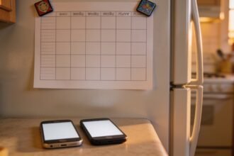 A blank weekly meal planner on a fridge door with two different magnets at each corner and two phones lying face down on the bench below.