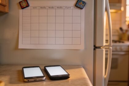 A blank weekly meal planner on a fridge door with two different magnets at each corner and two phones lying face down on the bench below.