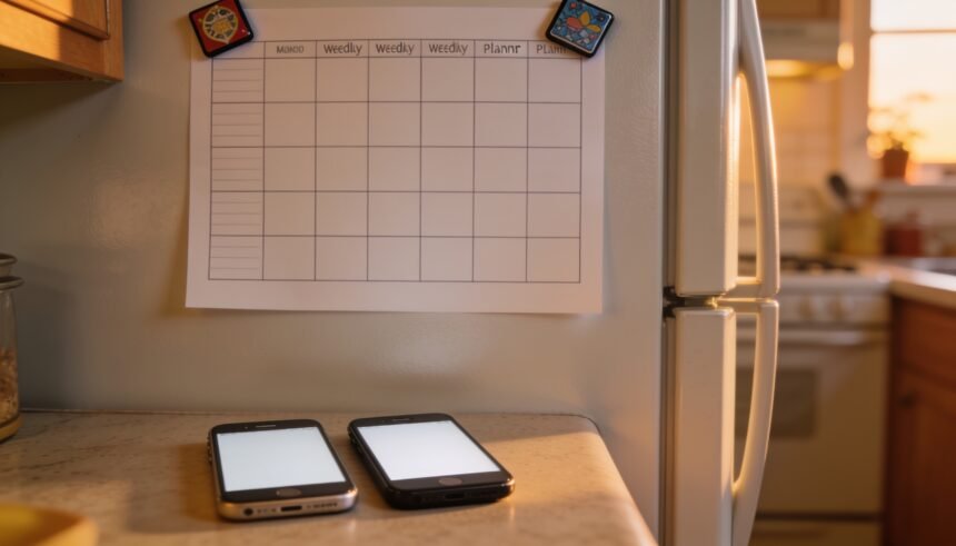A blank weekly meal planner on a fridge door with two different magnets at each corner and two phones lying face down on the bench below.