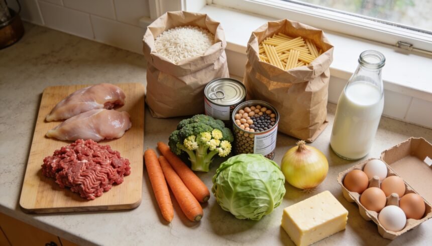 A week's grocery shop laid out on a kitchen bench, including chicken, mince, rice, pasta, tinned pulses and vegetables.
