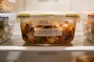 A covered container of leftovers with a dated label sitting on a fridge shelf.
