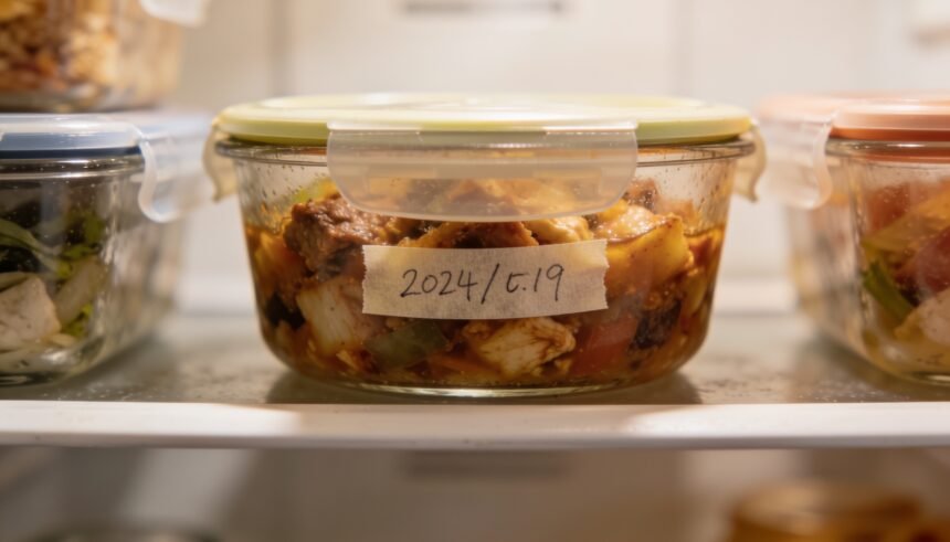 A covered container of leftovers with a dated label sitting on a fridge shelf.