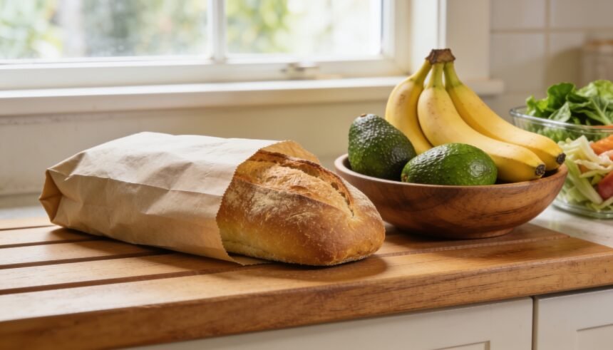 A loaf of bread in a paper bag on a kitchen bench next to a fruit bowl and a separate container of leafy vegetables.