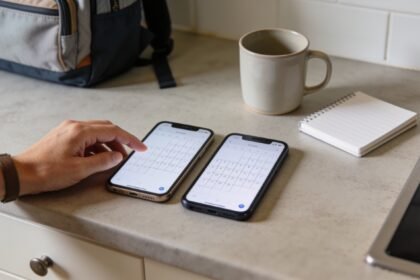 Two smartphones side by side on a kitchen bench showing a shared calendar screen.
