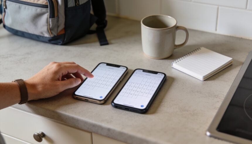 Two smartphones side by side on a kitchen bench showing a shared calendar screen.