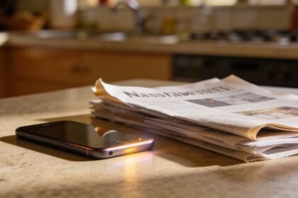 A smartphone face-down on a kitchen bench next to a stack of unread paper newsletters.