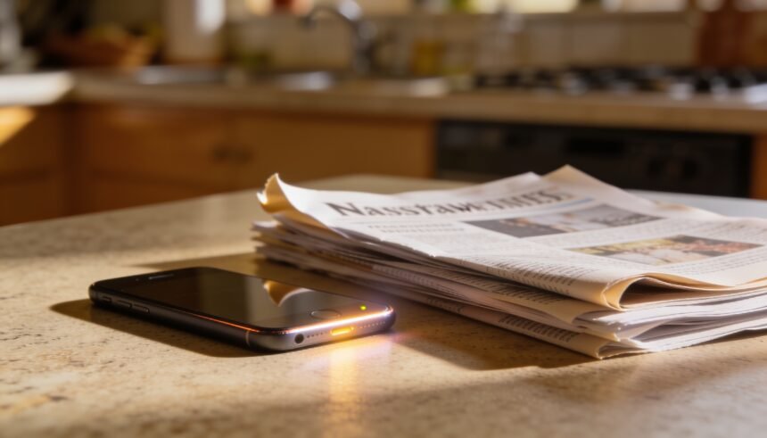 A smartphone face-down on a kitchen bench next to a stack of unread paper newsletters.