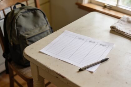 Blank four-column weekly tracking grid and pen on a kitchen table with a school backpack nearby.