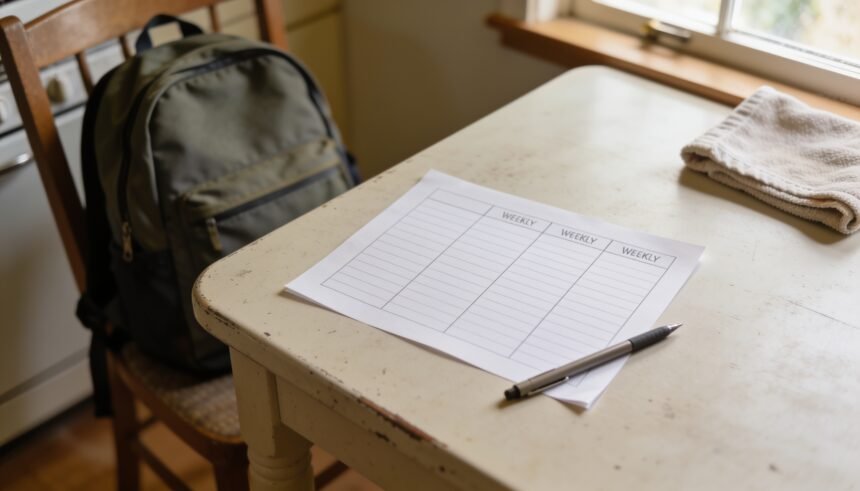Blank four-column weekly tracking grid and pen on a kitchen table with a school backpack nearby.
