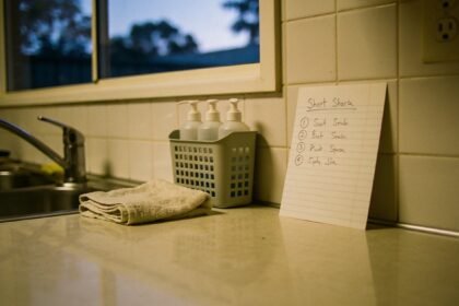 A clean kitchen bench in the evening with a folded cloth, a small cleaning caddy and a short handwritten list propped against the splashback.