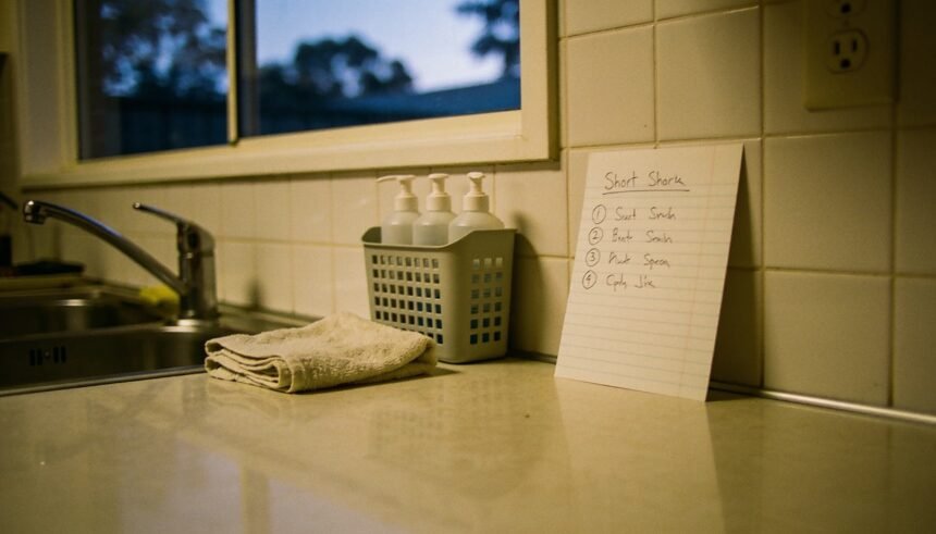 A clean kitchen bench in the evening with a folded cloth, a small cleaning caddy and a short handwritten list propped against the splashback.