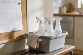 A tidy kitchen and living area in midmorning light with a small cleaning caddy and a weekly planner sheet pinned nearby.