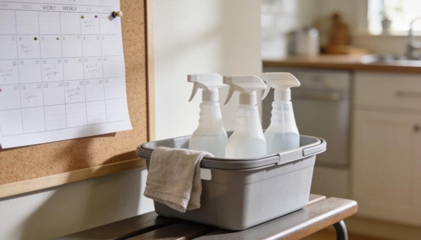 A tidy kitchen and living area in midmorning light with a small cleaning caddy and a weekly planner sheet pinned nearby.