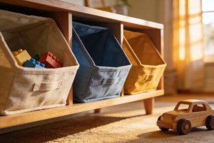 A low shelf with three open storage bins and a single toy car left on the floor beside it, waiting to be put away.