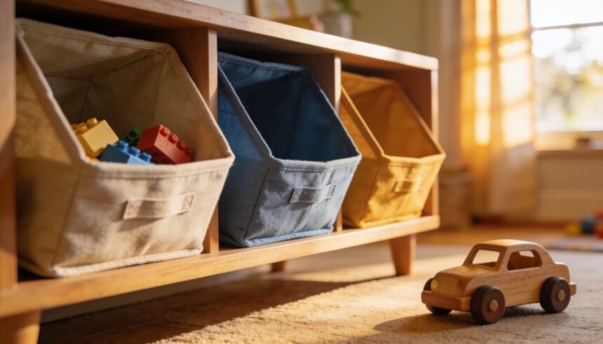 A low shelf with three open storage bins and a single toy car left on the floor beside it, waiting to be put away.
