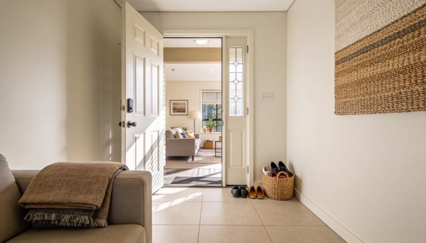 A tidy entryway and lounge seen through an open front door, shoes in a basket and a folded blanket on the sofa.