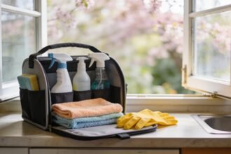 A cleaning caddy with spray bottles, cloths and gloves on a kitchen bench with an open window behind it.