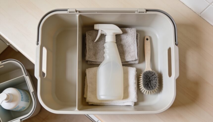 Looking down into a plain cleaning caddy on a kitchen bench holding a spray bottle, folded microfibre cloths and a scrubbing brush, with a second smaller caddy at the edge of frame.