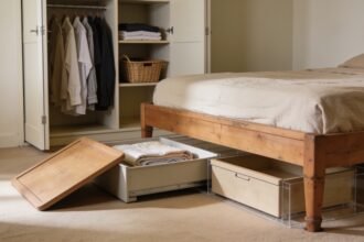 Shallow box of spare sheets pulled out beside a bed, with everyday clothing arranged in an open wardrobe behind it.
