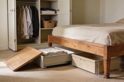 Shallow box of spare sheets pulled out beside a bed, with everyday clothing arranged in an open wardrobe behind it.