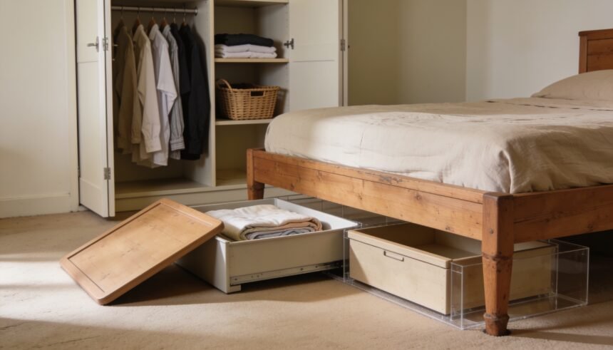 Shallow box of spare sheets pulled out beside a bed, with everyday clothing arranged in an open wardrobe behind it.