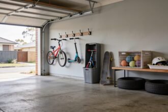 A garage wall with a bike and scooter hung on hooks above a clear floor, with balls and helmets stored on a nearby shelf.