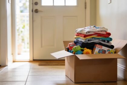 A box of folded children's clothing and toys packed by a front door, ready for donation.