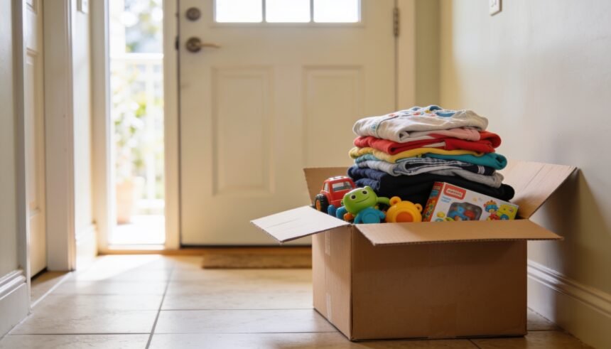 A box of folded children's clothing and toys packed by a front door, ready for donation.
