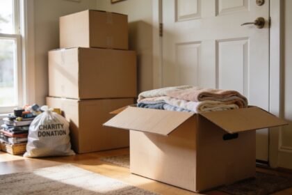 A half-packed living room with stacked moving boxes and a donation bag set aside near the front door.