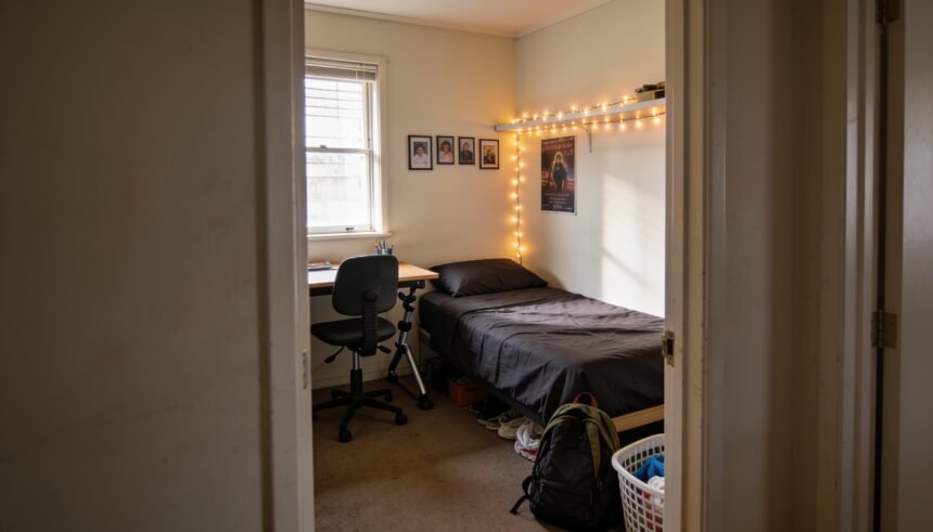 A teenager's bedroom refreshed on a budget with new bedding, fairy lights and a tidy desk.