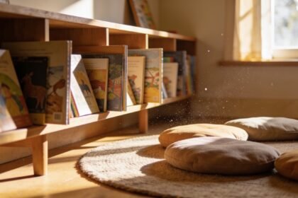 A library children's corner with low bookshelves and floor cushions arranged for a toddler storytime session.