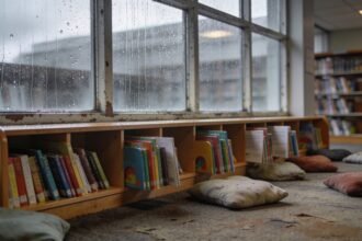 A quiet children's corner in a public library with rain visible on the window outside.