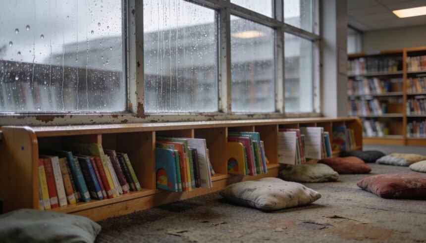 A quiet children's corner in a public library with rain visible on the window outside.